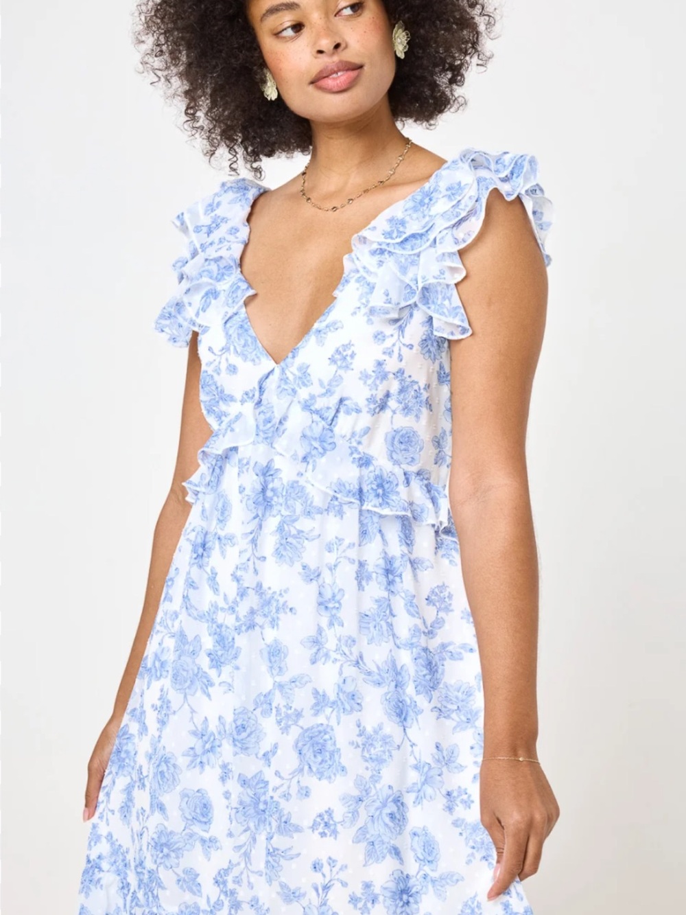 Backless Tie-Back Bow Sleeve White Light Blue Floral Backless Ruffled Midi Dress